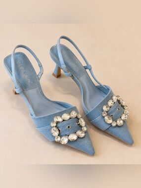UNiLADY Denim Rhinestone Buckle Slingback Heels Size 8.5 💎